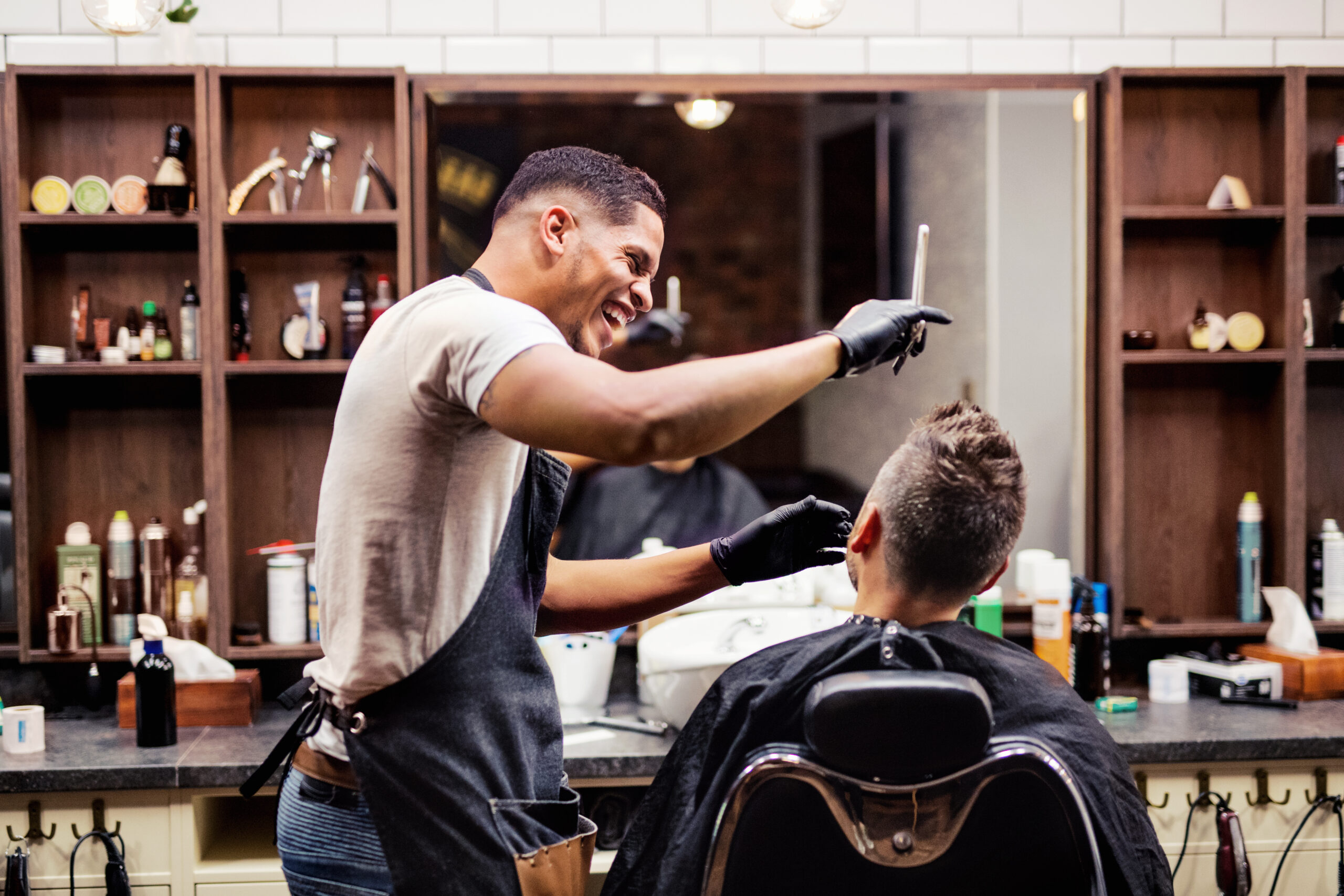 Rear,View,Of,Man,Client,Visiting,Haidresser,And,Hairstylist,In